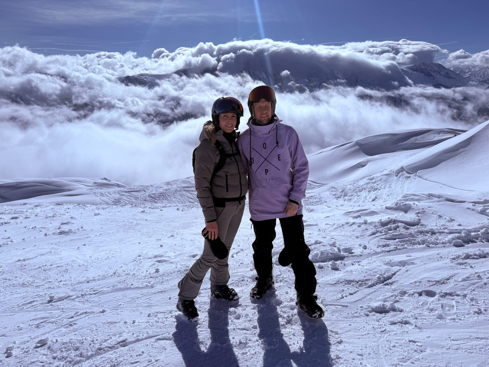 Piet and Paula on the piste above the clouds